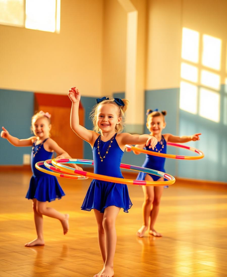 Young gymnasts training with hoops